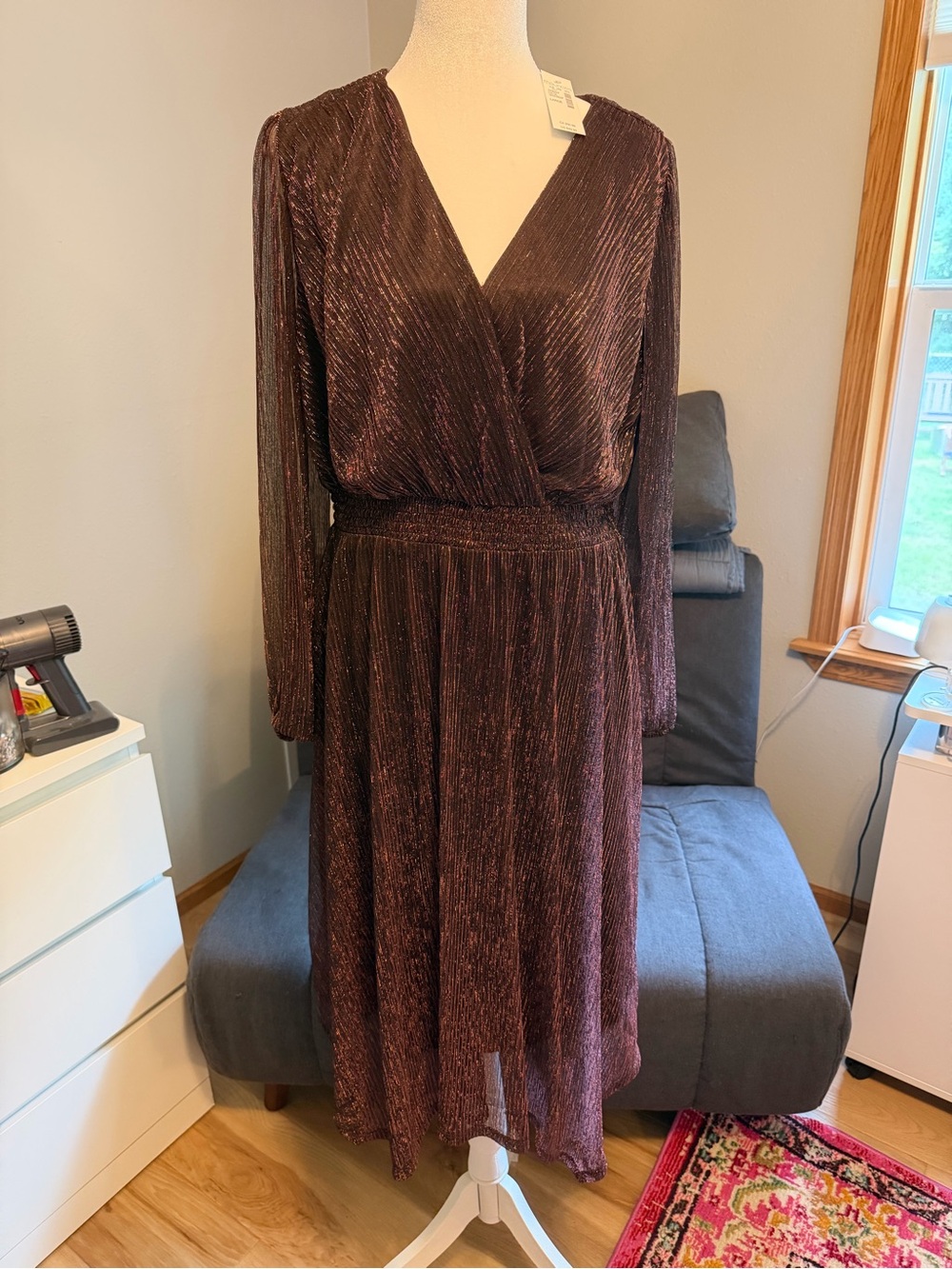 Maurices Metallic Brown/Copper Long Sleeve Wrap-Style Dress